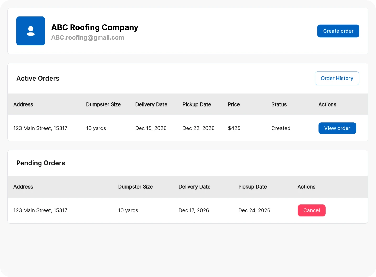 Contractor online account showing active and pending dumpster orders